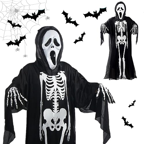 UptVin Halloween Kostüm Skelett, Erwachsene Sensenmann Kostüm, Halloweenkostüm mit Schädelmaske Handschuhen, Skelett Kostüm Knochengerüst für Halloween Cosplay Karneval Dress Up Party von UptVin