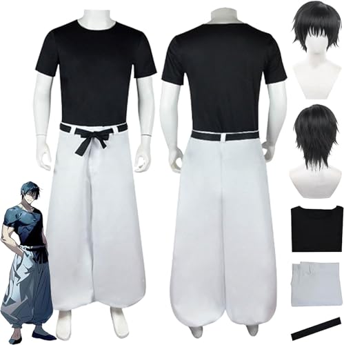 UqaBs Anime Jujutsu Kaisen Fushiguro Toji Cosplay Kostüm Outfit Gojo Satoru Schwarze Uniform Komplettset Halloween Karneval Party Dress Up Anzug mit Perücke von UqaBs