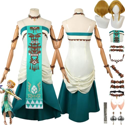 UqaBs Game Tears of The Kingdom Zelda Prinzessin Cosplay Kostüm Uniform Outfit Kleider Komplettset Halloween Party Dress Up Kostüm mit Kopfschmuck Fake Ohren Ohrringe Perücke für Frauen Mädchen von UqaBs