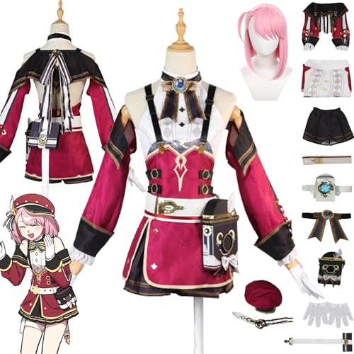 UqaBs Genshin Impact Charlotte Cosplay Kostüm Outfit Spielzeugfigur Kirara Rote Uniform Komplettset Halloween Karneval Party Dress Up Anzug mit Hut Perücke von UqaBs