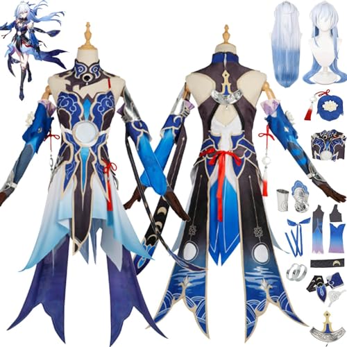 UqaBs Honkai Star Rail Jingliu Cosplay Kostüm Outfit Spielcharakter Uniform Komplettset Halloween Dress Up Anzug mit Perückenringen Schlüsselanhänger von UqaBs