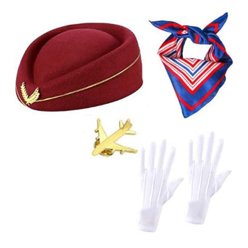 Uqezagpa 4-teiliges Damen-Kostüm für Flugbegleiter, Stewardess-Outfits mit Bellhop-Hut, Schal, Handschuhe, Flugzeugnadel-Set von Uqezagpa