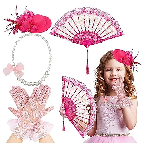 Uqezagpa 4-teiliges Teeparty-Kostüm-Zubehör für Mädchen, inklusive Halloween-Fascinator-Hut und kurzen Spitzenhandschuhen, Kunstperlen-Halskette Uqezagpa 4-teiliges Teeparty-Kostüm-Zubehör für Mädchen, inklusive Halloween-Fascinator-Hut und kurzen Spitzenhandschuhen, Kunstperlen-Halskette von Uqezagpa