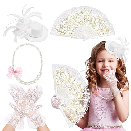 Uqezagpa 4-teiliges Teeparty-Kostüm-Zubehör für Mädchen, inklusive Halloween-Fascinator-Hut und kurzen Spitzenhandschuhen, Kunstperlen-Halskette Uqezagpa 4-teiliges Teeparty-Kostüm-Zubehör für Mädchen, inklusive Halloween-Fascinator-Hut und kurzen Spitzenhandschuhen, Kunstperlen-Halskette von Uqezagpa