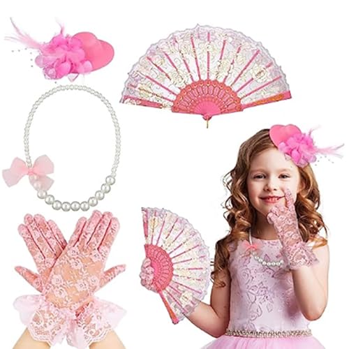 Uqezagpa 4-teiliges Teeparty-Kostüm-Zubehör für Mädchen, inklusive Halloween-Fascinator-Hut und kurzen Spitzenhandschuhen, Kunstperlen-Halskette Uqezagpa 4-teiliges Teeparty-Kostüm-Zubehör für Mädchen, inklusive Halloween-Fascinator-Hut und kurzen Spitzenhandschuhen, Kunstperlen-Halskette von Uqezagpa