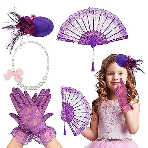 Uqezagpa 4-teiliges Teeparty-Kostüm-Zubehör für Mädchen, inklusive Halloween-Fascinator-Hut und kurzen Spitzenhandschuhen, Kunstperlen-Halskette Uqezagpa 4-teiliges Teeparty-Kostüm-Zubehör für Mädchen, inklusive Halloween-Fascinator-Hut und kurzen Spitzenhandschuhen, Kunstperlen-Halskette von Uqezagpa