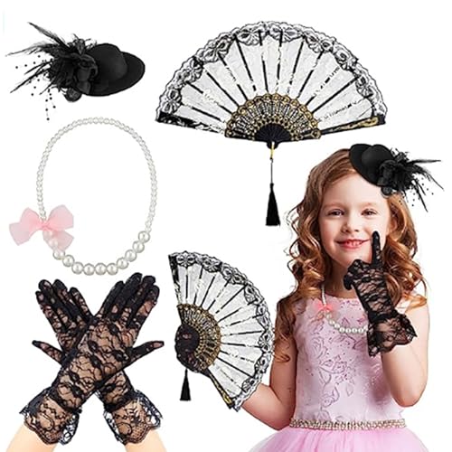 Uqezagpa 4-teiliges Teeparty-Kostüm-Zubehör für Mädchen, inklusive Halloween-Fascinator-Hut und kurzen Spitzenhandschuhen, Kunstperlen-Halskette Uqezagpa 4-teiliges Teeparty-Kostüm-Zubehör für Mädchen, inklusive Halloween-Fascinator-Hut und kurzen Spitzenhandschuhen, Kunstperlen-Halskette von Uqezagpa