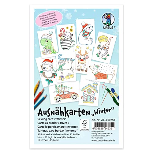 Ursus 28340099F - Ausnähkarten für Kinder, 50 weiße Stickkarten mit 10 vorgedruckten Winter-Motiven, ca. 11 x 17 cm groß, zum Aussticken und Ausmalen von Ursus