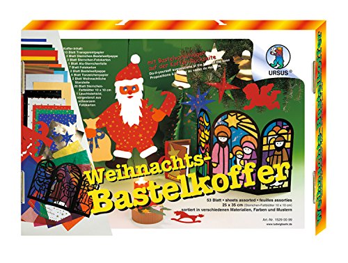 Ursus 15290099 - Bastelkoffer Weihnachten, ca. 25 x 35 cm, 53 Blatt in verschiedenen Materialien, Farben und Mustern, 53 Teile, inklusive gestanztem Leuchtstehbild von Ursus