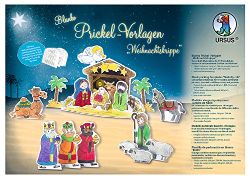 Ursus 21380099 - Blanko Prickelvorlagen, Weihnachtskrippe, weiß, 9 Motiven, einseitig bedruckt, Leporello mit Weihnachtsgeschichte in 5 Sprachen, inklusive Bastelanleitung von Ursus