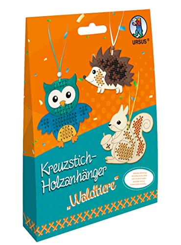 Ursus 21440003 - Kreuzstich Waldtiere, Bastel-Set für Kinder mit 3 Holz-Anhängern, Stickgarn, Sticknadeln, Deko-Material und Anleitung, bunt von Ursus