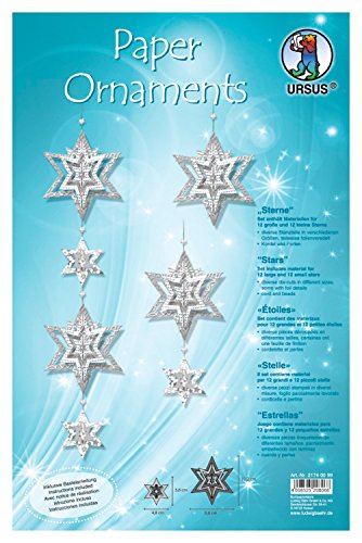 Ursus 21740099 - Bastelset Paper ornaments, Sterne, weiß/silber, Set mit Material für 12 große und 12 kleine Sterne, mit Bastelanleitung, ideal als winterliche Wand -, Fenster -, und Raumdekoration von Ursus