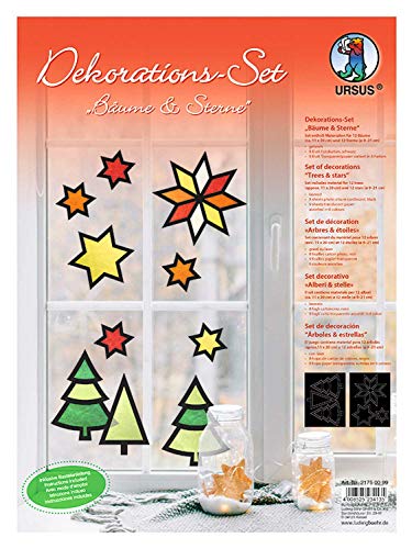 Ursus 21750099 - Dekorationsset Bäume & Sterne, Material für 6 Bäume und 6 Sterne, inklusive Bastelanleitung, ideal als winterliche Wand -, Fenster -, und Raumdekoration von Ursus