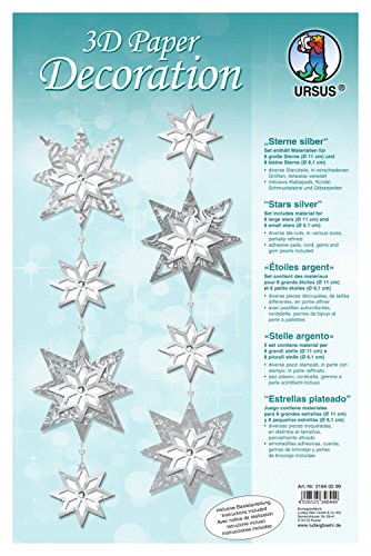 Ursus 21840099 - 3D Paper Dekoration Sterne, silber, Material für 8 große und 8 kleine Sterne, inklusive Bastelanleitung, ideal als winterliche Wand -, Fenster -, und Raumdekoration von Ursus