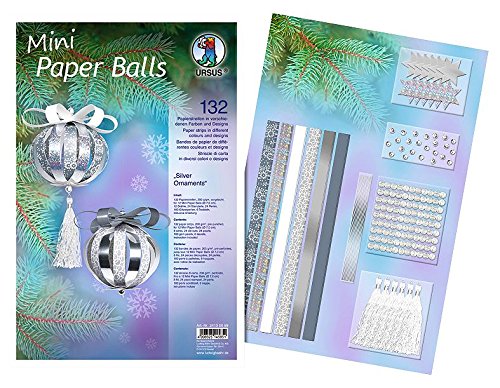 Ursus 24130099 - Designstreifen Mini Paper Balls Silver Ornaments, silver/weiß, Materialien für bis zu 12 Mini Paper Balls, Durchmesser ca. 7 cm, 132 Streifen, 200 g/qm, teilweise folienveredelt von Ursus