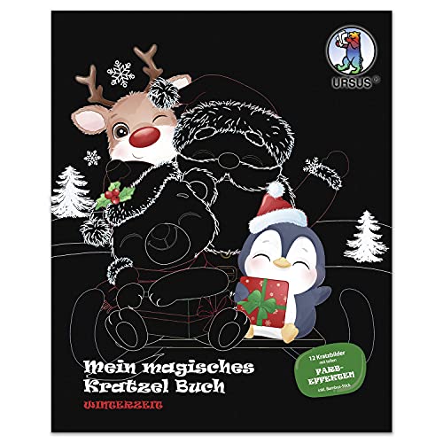 Ursus 24530003F - Mein magisches Kratzelbuch Winterzeit, Block mit Kratz-und Ausmal-Bildern, ca. 21 x 26 cm groß, 12 winterliche Motive mit tollen Farbeffekten, inklusive Holz-Stick, bunt von Ursus