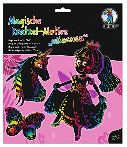 Ursus 24540001F - Magische Kratzel-Motive Mädchen, schwarz, mit Regenbogen Effekt, 6 Bogen 250 g/qm, inklusive 1 Bambusstift, Stickeraugen und Kratzanleitung, ideal als Geschenk, bunt von Ursus