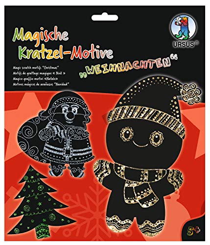 Ursus 24540004F - Magische Kratzel-Motive Weihnachten, schwarz, mit Regenbogen Effekt, 6 Bogen 250 g/qm, inklusive 1 Bambusstift, Stickeraugen und Kratzanleitung, ideal als Geschenk, bunt von Ursus