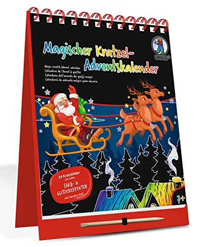 Ursus 24890000F - Magischer Kratzel-Adventskalender, Kalender mit 24 Kratz-Motiven und Adventszahlen zum Ausmalen, ca. 16,5 x 21 cm, inkl. Holz-Stick, bunt von Ursus