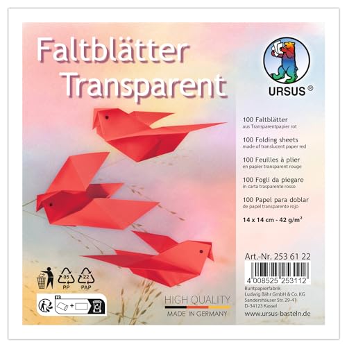 Ursus 2536122 - Faltblätter Transparent Rot, 42 g/m², 100 Faltblätter 14 x 14 cm, durchgefärbt von Ursus