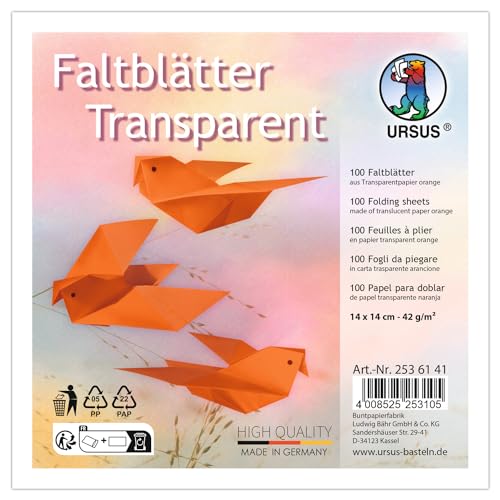 Ursus 2536141 - Faltblätter Transparent Orange, 42 g/m², 100 Faltblätter 14 x 14 cm, durchgefärbt von Ursus