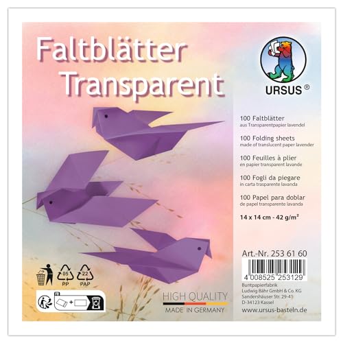 Ursus 2536150 - Faltblätter Transparent Lavendel, 42 g/m², 100 Faltblätter 14 x 14 cm, durchgefärbt von Ursus