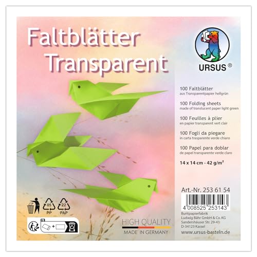 Ursus 2536154 - Faltblätter Transparent Hellgrün, 42 g/m², 100 Faltblätter 14 x 14 cm, durchgefärbt von Ursus