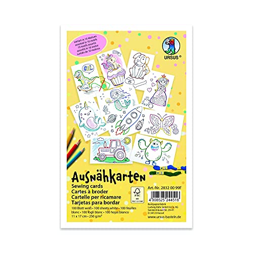 Ursus 28320099F - Ausnähkarten für Kinder, 100 weiße Stickkarten mit vorgedruckten Motiven zum Aussticken und Ausmalen, ca. 11 x 17 cm groß, Weiß von Ursus