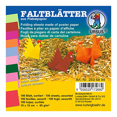 Ursus 2836899 Faltblätter intensiv, ca. 10 x 10 cm, 65 g/qm, 100 Blatt in 10 verschiedenen Farben, aus Plakatpapier, durchgefärbt, ideale Grundlage für kreative Bastelarbeiten von Ursus