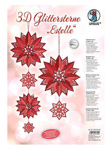 Ursus 33750000 - Glitterstern 3D Estelle, rot, Material für 3 Sterne, in verschiedenen Größen, inklusive Sternen Accessoires und Bastelanleitung, ideal für die weihnachtliche Bastelzeit von Ursus