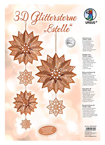 Ursus 33760000 - Glitterstern 3D Estelle, kupfer, Material für 3 Sterne, in verschiedenen Größen, inklusive Sternen Accessoires und Bastelanleitung, ideal für die weihnachtliche Bastelzeit von Ursus