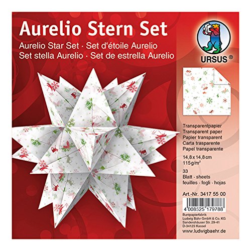 Ursus 34175500 - Faltblätter Aurelio Stern Classic Christmas, rot / grün, 33 Blatt, aus Transpatentpapier 115 g/qm, ca. 14,8 x 14,8 cm, einseitig bedruckt, ideal als Weihnachtsdeko von Ursus