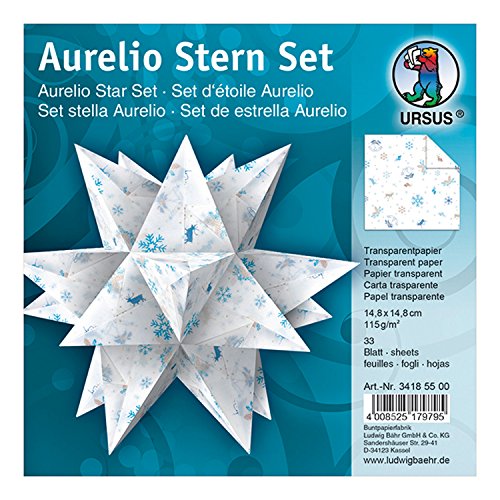 Ursus 34185500 - Faltblätter Aurelio Stern Classic Christmas, blau / braun, 33 Blatt, aus Transpatentpapier 115 g/qm, ca. 14,8 x 14,8 cm, einseitig bedruckt, ideal als Weihnachtsdeko von Ursus