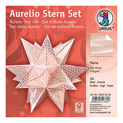 Ursus 35545500F - Faltblätter Aurelio Stern Rana, weiß / rosé, 33 Blatt, aus Shimmer Papier 110 g/qm, ca. 15 x 15 cm, Vorderseite mit Veredelung, ideal als Weihnachtsdeko von Ursus