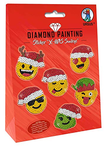 Ursus 43500007 - Diamond Painting Sticker X-mas Smileys, zum Gestalten von Stickern mit funkelnden Diamanten, 2 Stickerbögen 15 x 10 cm, verschiedene Designs, Diamantensteine, Picker, Wachs und Schale von Ursus