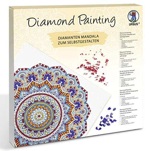 Ursus 43520001F - Diamond Painting Mandala Set 1, Bastelset mit Steinchen in hellblau, rot und gelb, 1 Leinwand 30 x 30 x 1,5 cm von Ursus