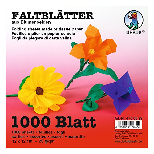 Ursus 4700699 - Faltblätter Blumenseide, 1000 Blatt in 10 verschiedenen Farben, ca. 12 x 12 cm, 20 g/qm, durchgefärbt, nicht nassfest, kann abfärben, ideal für kreative Bastelarbeiten von Ursus