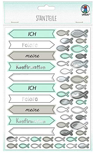 Ursus 56919203F - Stanzteile, Ich feiere meine Konfirmation, mint/taupe, 312 Stanzteile, einseitig bedruckt, teilweise folienveredelt, mit 200 Klebepads, ideal zum Verzieren von Einladungskarten von Ursus