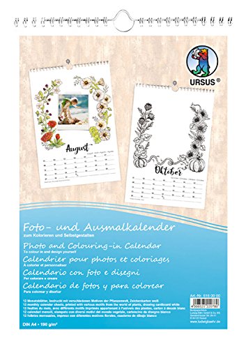 Ursus 6160000 - Foto- und Ausmalkalender, weiß, DIN A4, aus Zeichenkarton 190 g/qm, 12 Monatsblätter bedruckt mit verschiedenen Pflanzen Motiven, Kalender zum Selbstgestalten von Ursus