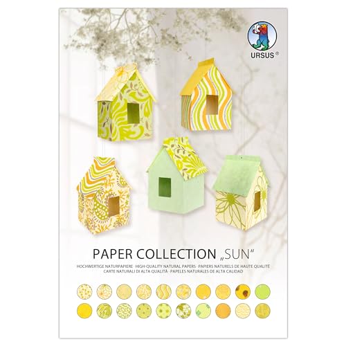 Ursus 61630002 - Paper Collection Sun, 20 Blatt handgeschöpftes Naturpapier, 35 - 200 g/m², 23 x 33 cm, in Gelbtönen mit verschiedenen Designs, zum vielseitigen Basteln von Ursus
