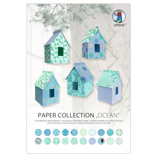 Ursus 61630004 - Paper Collection Ocean, 20 Blatt handgeschöpftes Naturpapier, 35 - 200 g/m², 23 x 33 cm, in Blautönen mit verschiedenen Designs, zum vielseitigen Basteln von Ursus