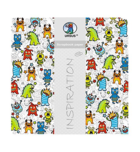 Ursus 703000193 - Premium Glitter Scrapbook paper, Monster, ca. 30,5 x 30,5 cm, 190 g/qm, 5 Blatt mit Banderole, beidseitig bedruckt, Vorderseite mit Glitter veredelt, Motiv 193 von Ursus