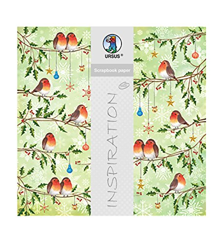 Ursus 703000312 - Premium Glitter Scrapbook paper, Christmas robin, ca. 30,5 x 30,5 cm, 190 g/qm, 5 Blatt mit Banderole, beidseitig bedruckt, Vorderseite mit Glitter veredelt, Motiv 312 von Ursus