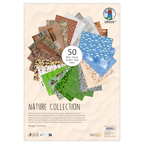 Ursus 7810002 - Fotokarton, Nature Collection, 50 Blätter, ca. 23 x 33 cm, 300 g/m², beidseitig bedruckt mit 25 verschiedenen Motiven, aus Frischzellulose, zum vielseitigen Basteln von Ursus