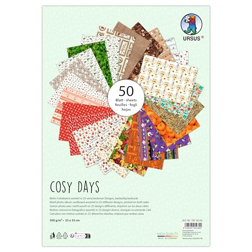 Ursus 7810005 - Fotokarton, Cosy Days, 50 Blätter, ca. 23 x 33 cm, 300 g/m², beidseitig bedruckt mit 25 verschiedenen Motiven, aus Frischzellulose, zum vielseitigen Basteln von Ursus