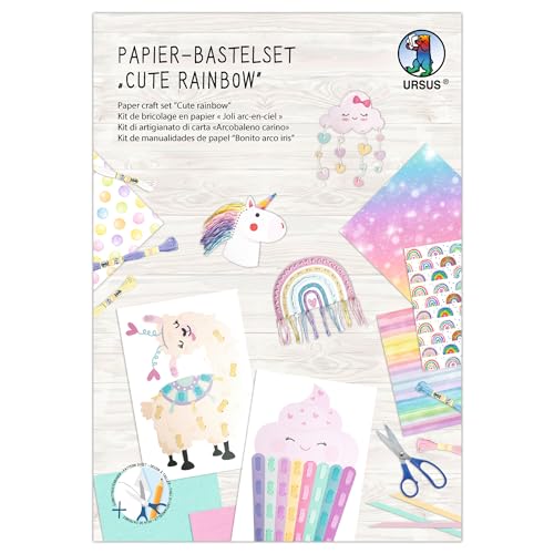 Ursus 8080001F - Papier-Bastelset Cute Rainbow, Set aus Fotokarton, Flechtblättern, Stanzteilen, Flechtstreifen und Stickgarn, inkl. Schritt für Schritt Anleitung von Ursus