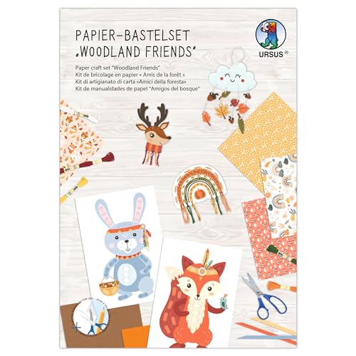 Ursus 8080002F - Papier-Bastelset Woodland Friends, Set aus Fotokarton, Flechtblättern, Stanzteilen, Flechtstreifen und Stickgarn, inkl. Schritt für Schritt Anleitung von Ursus