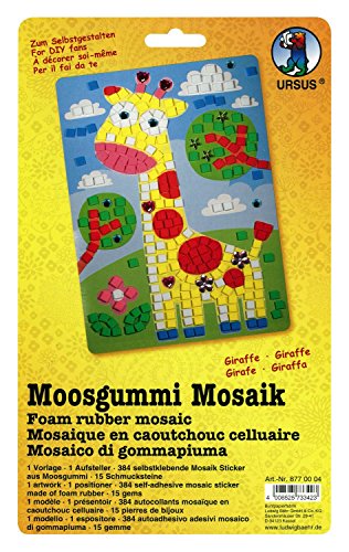 Ursus 8770004 - Moosgummi Mosaikbild, Giraffe, ca. 23 x 16 cm, selbstklebend, ein Blatt mit vorgedrucktem Motiv, ein Aufsteller, 384 Moosgummi Sticker in 6 Farben und 15 Schmucksteine von Ursus