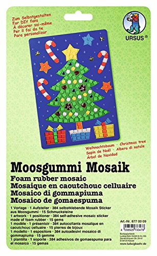 Ursus 8770009 - Moosgummi Mosaikbild, Weihnachtsbaum, ca. 23 x 16 cm, Set mit vorgedrucktem Motiv, Aufsteller, 384 Moosgummi Sticker in 6 Farben und 15 Schmucksteine von Ursus