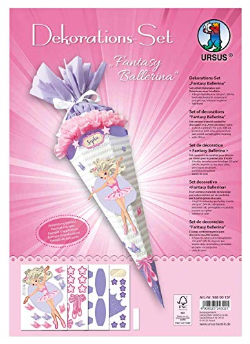 Ursus 9880015F - Dekorations Fantasy Ballerina, DIN A4, Set mit Materialien zum Dekorieren einer Schultüte, 4 Bogen Bastelkarton 350 g/qm, (beidseitig Bedruckt und vorgestanzt) sowie Satinband, bunt von Ursus